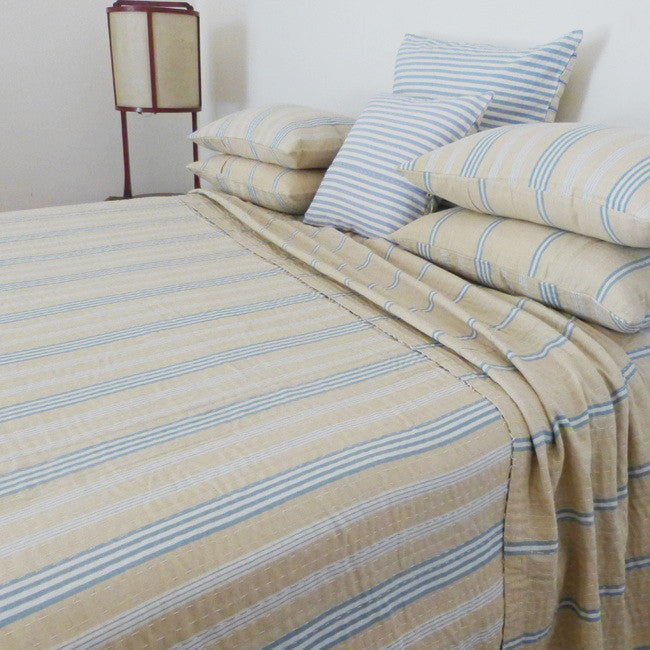 Blue and Tan Ticking Quilt